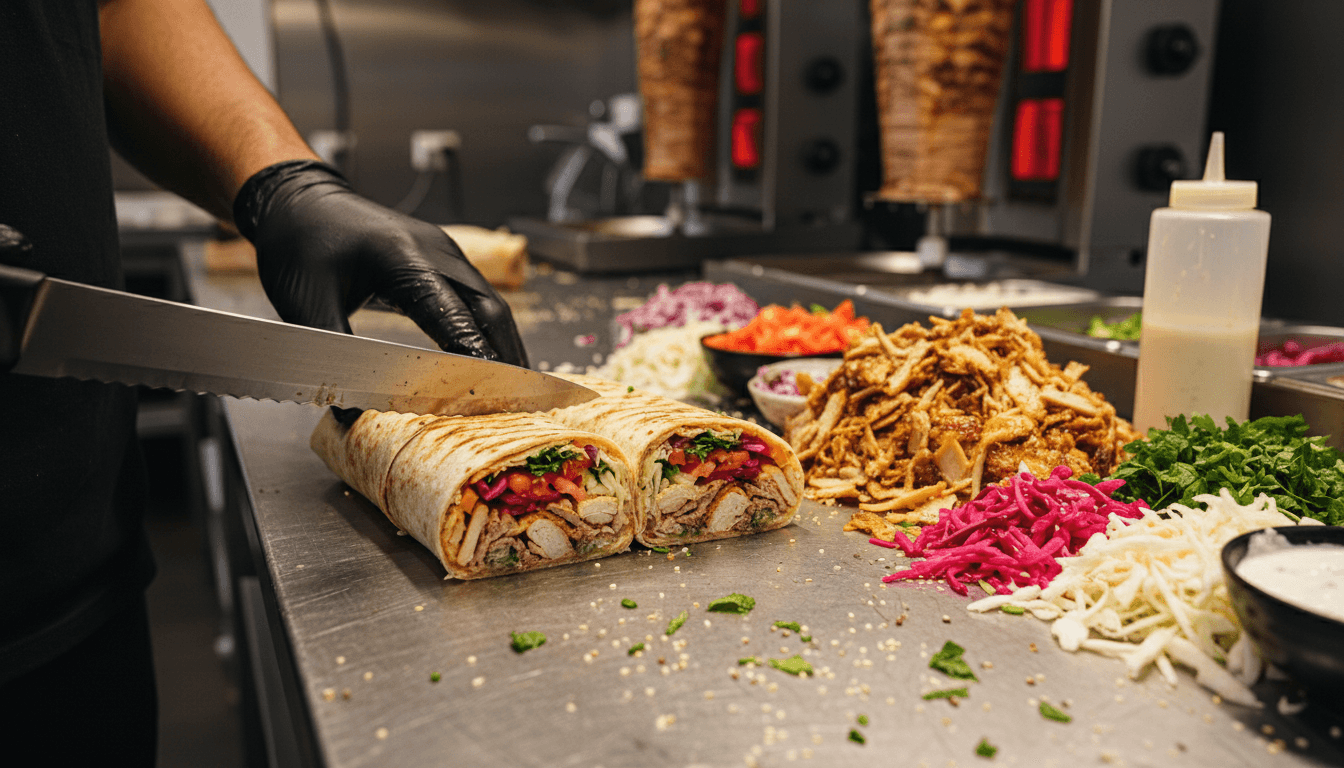 Shawarma vianda fraîchement préparé, viande et légumes bien visibles