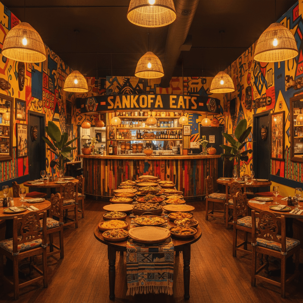 African restaurant interior with warm lighting and colorful decor