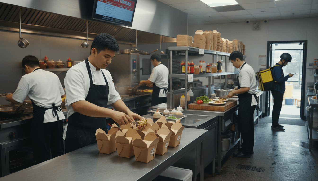 Notre équipe prépare une commande à emporter dans la cuisine du B-kin bistro