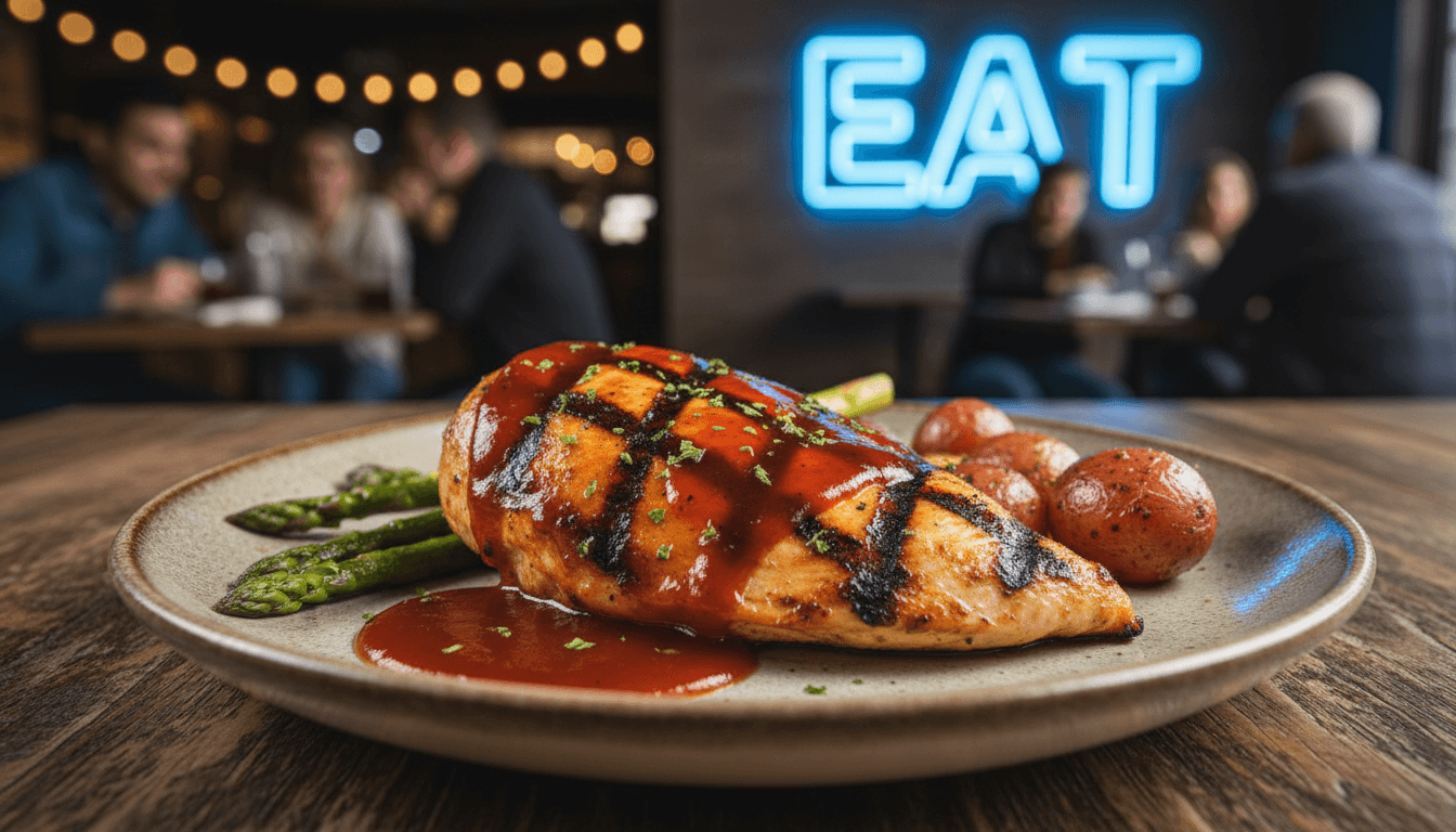 Poulet mayo bien grillé avec sauce, servi dans une assiette au B-kin bistro