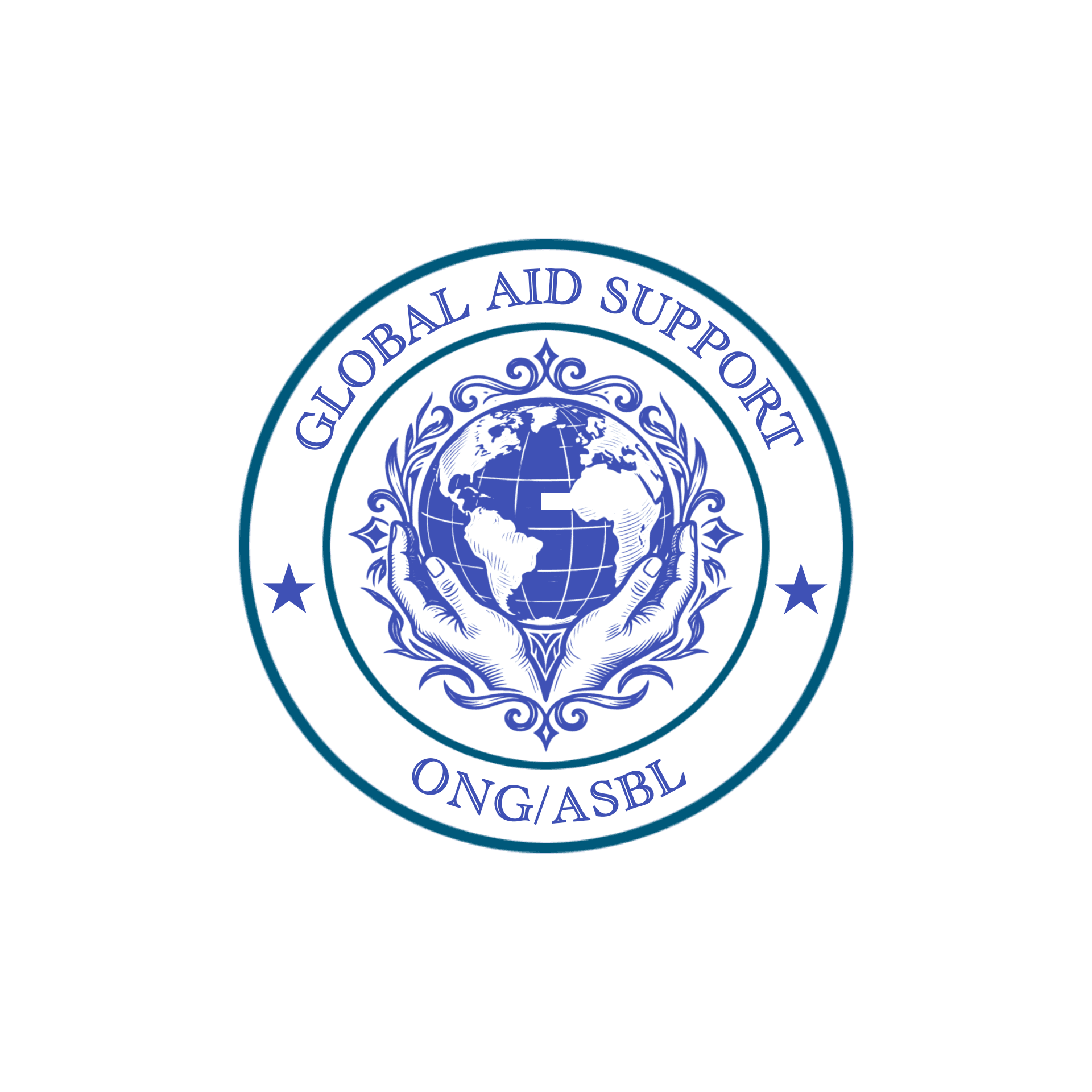 Logo bleu circulaire avec mains tenant un globe terrestre, texte et ONG/ASBL entre deux étoiles.