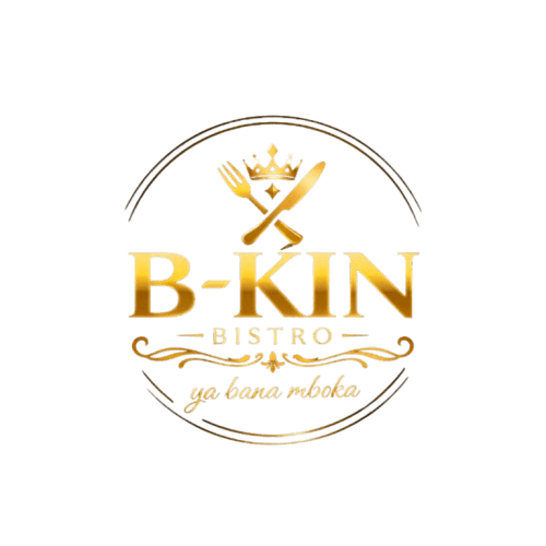 Logo circulaire doré B-KIN Bistro avec couronne, couverts croisés et slogan ya bana mboka.